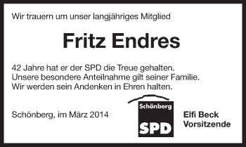 Traueranzeige von Fritz Endres von Pegnitz-Zeitung